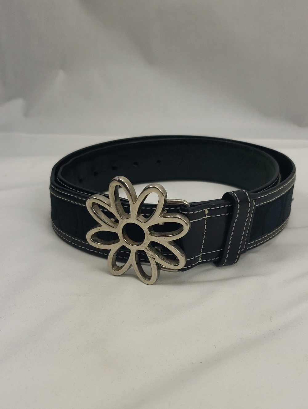 Coach Vintage Y2K Monogram Black Leather Belt Silver Tone Flower Buckle Small